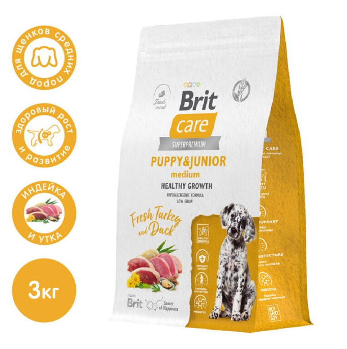 Сухой корм для щенков Brit Care Dog Puppy&Junior M Healthy Growth (индейка, утка) (3 кг)