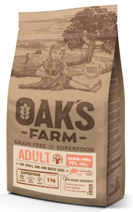 Сухой корм для собак мелких пород OAK'S FARM GFree Adult Small and Mini Breed Dogs (лосось, криль) (2 кг)