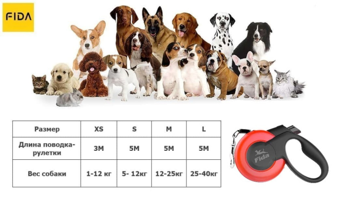 Поводок-рулетка для собак Fida Mars (лента), красная (L 5 м)