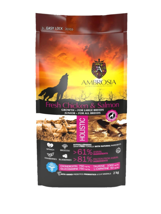 Сухой корм для щенков крупных пород AMBROSIA GRAIN FREE (курица, лосось) (2 кг)