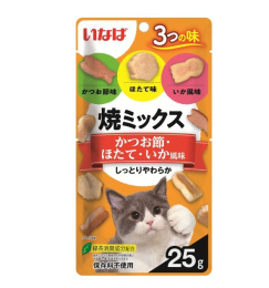 Лакомствo для кошек Inaba Yaki Miksu Нежные кусочки (курица с кацуобуси, морского гребешка, кальмар)
