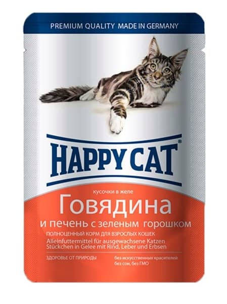 Влажный корм для кошек Happy Cat (Говядина, печень, горошек) 100 гр