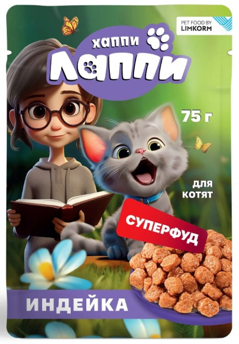 Влажный корм для котят Хаппи Лаппи Kitten (индейка) (75 гр.)