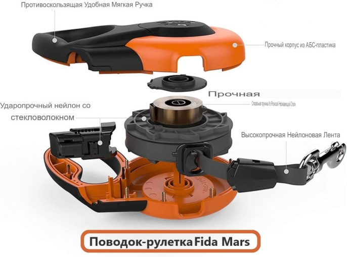 Поводок-рулетка для собак Fida Mars (лента), синяя (L 5 м)