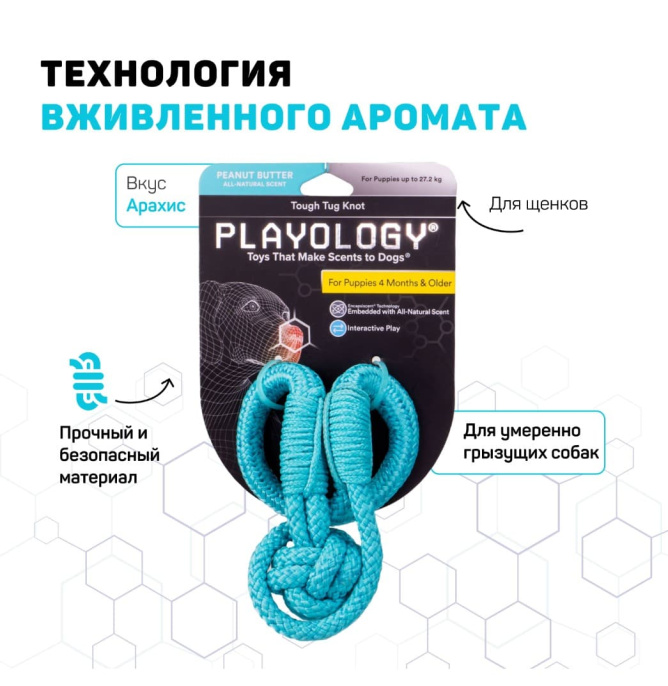 Игрушка для щенков Playology Tough Tug Knot жевательный канат с ароматом арахиса (Голубой)