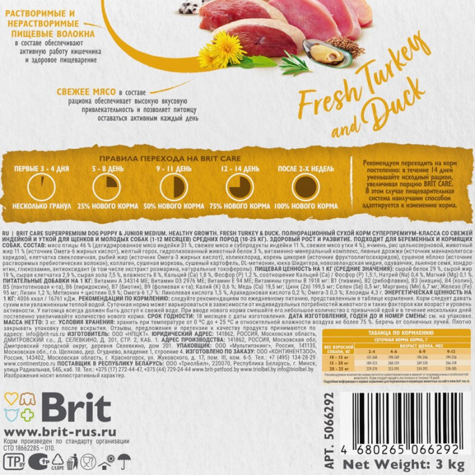 Сухой корм для щенков Brit Care Dog Puppy&Junior M Healthy Growth (индейка, утка) (3 кг)
