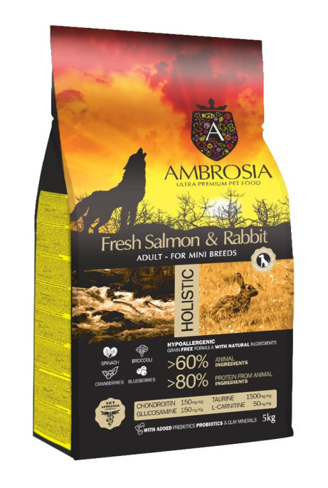Сухой корм для собак Ambrosia Grain Free Dog Adult Mini Sensitive (лосось, кролик) (1,5 кг)