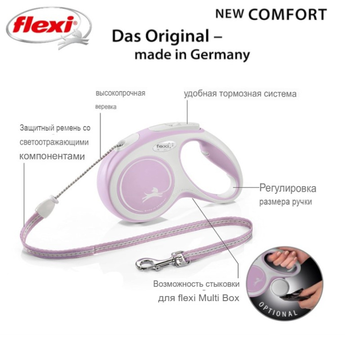 Поводок-рулетка Flexi NEW COMFORT (трос) нежно-розовый (20кг/8м)