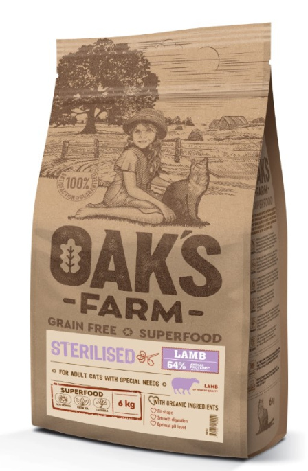 Сухой корм для стерилизованных кошек OAK'S FARM Grain Free Sterilised Adult Cat (ягненок) (400 гр)