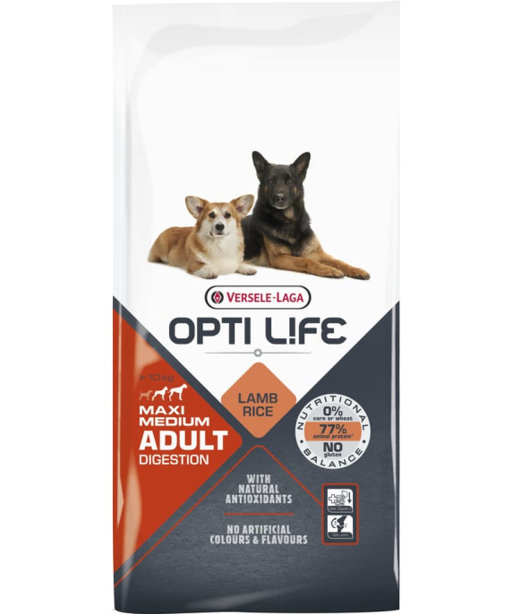 Сухой корм для собак Opti Life Adult Digestion Medium&Maxi (ягненок, рис) (12,5 кг)