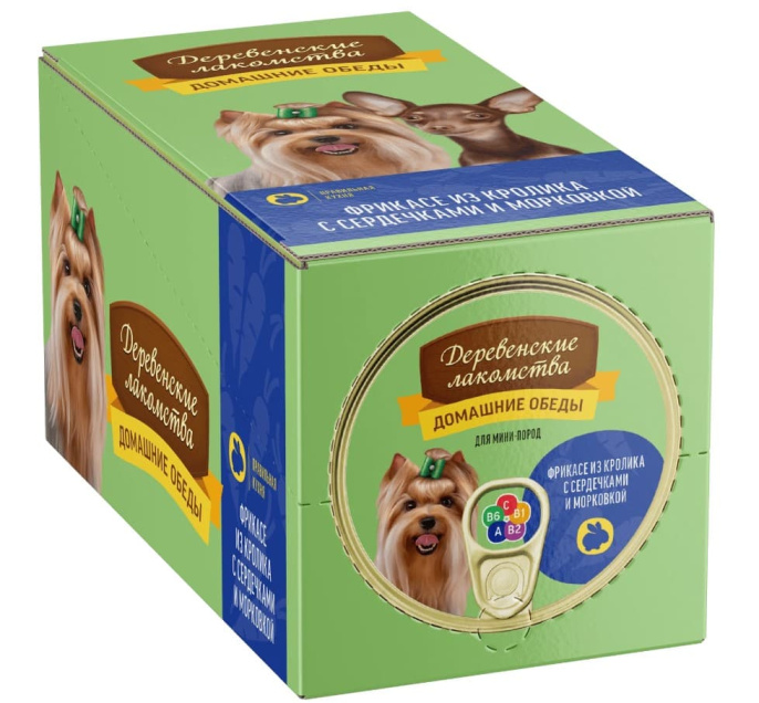 Консервы для собак Деревенские лакомства Домашние обеды фрикасе из кролика с сердечками и морковь (100 гр.)