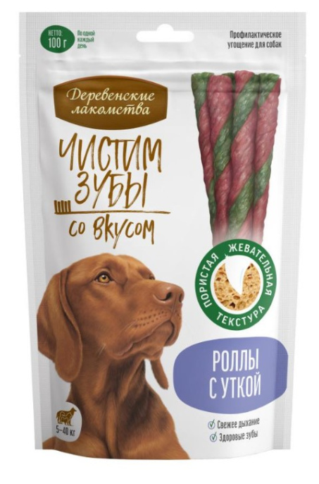 Лакомство для собак Деревенские лакомства Чистим зубы Роллы с уткой (100 гр.)