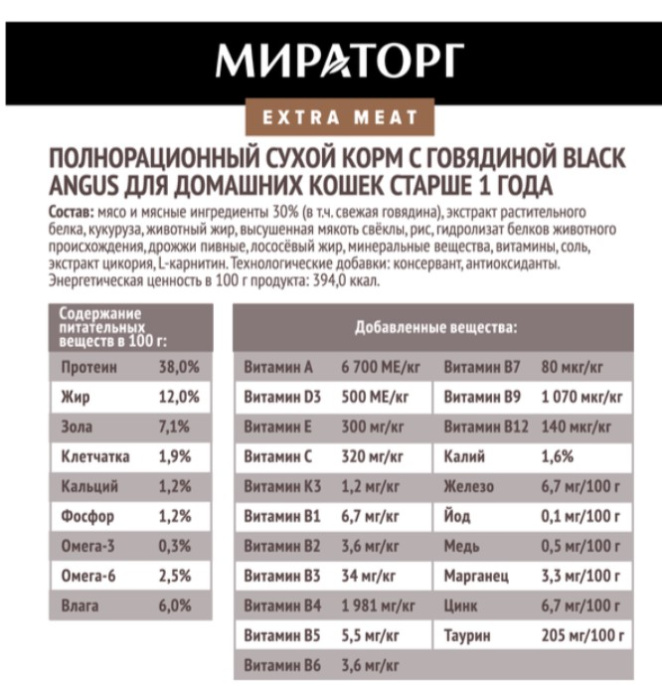 Мираторг Сухой корм для домашних кошек с говядиной Black Angus Extra Meat  (400 гр)