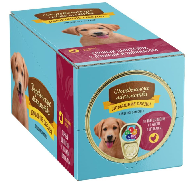 Консервы для щенков Деревенские лакомства "Домашние обеды" сочный цыпленок с языком и шпинатом (100 гр.)