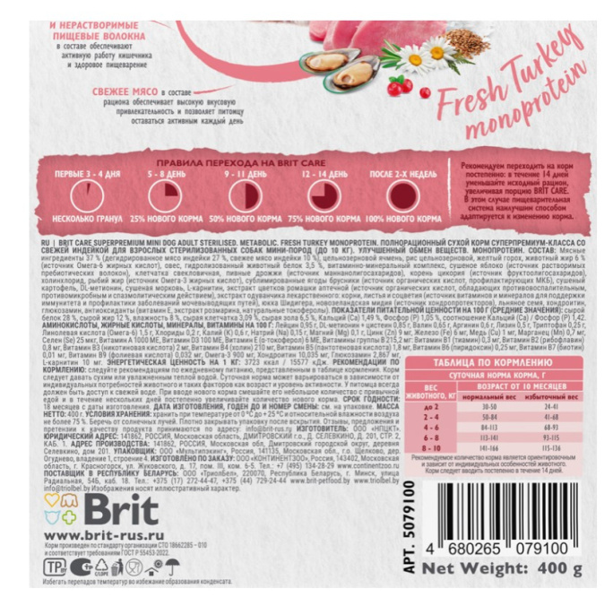Brit Care Сухой корм для стерилизованных собак миниатюрных пород Sterilised Metabolic (индейка) (400 г)