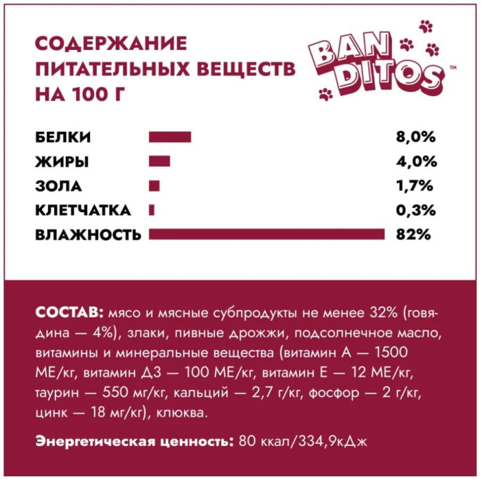 Влажный корм для кошек BANDITOS Сытная говядина (75 гр.)
