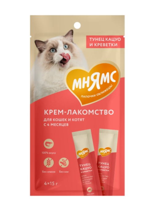 Крем-лакомство Мнямс для кошек с тунцом Кацуо и креветками (15 г х 4 шт)