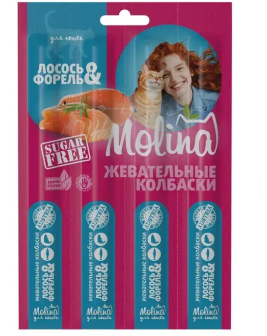 Molina Жевательные колбаски для кошек (лосось и форель) (20 гр.)