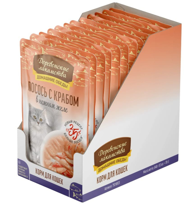 Влажный корм для кошек "Деревенские лакомства" Лосось с крабом сурими в нежном желе (70 гр.)