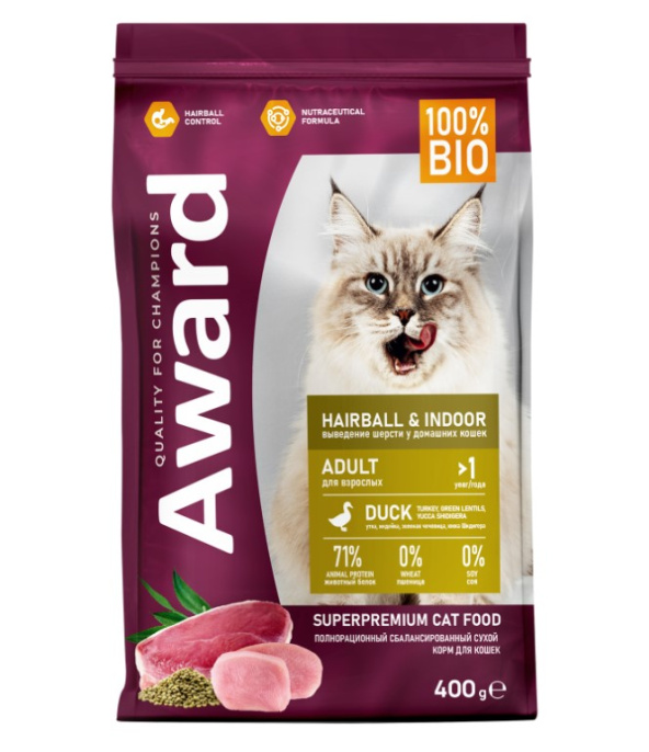 Сухой корм для кошек Award Cat Hairball & Indoor (утка, индейка) (400 гр.)
