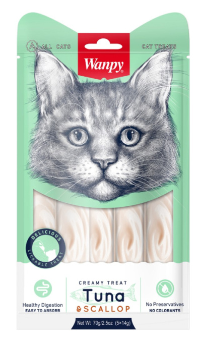 Лакомство для кошек Wanpy Cat Нежное пюре из тунца и гребешка (5 шт х 14 гр)