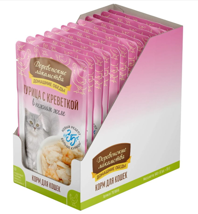 Влажный корм для кошек Деревенские лакомства Курица с креветкой в нежном желе (70 гр.)
