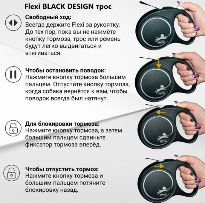 Поводок-рулетка Flexi BLACK DESIGN трос, черный (M, 20кг/5м)