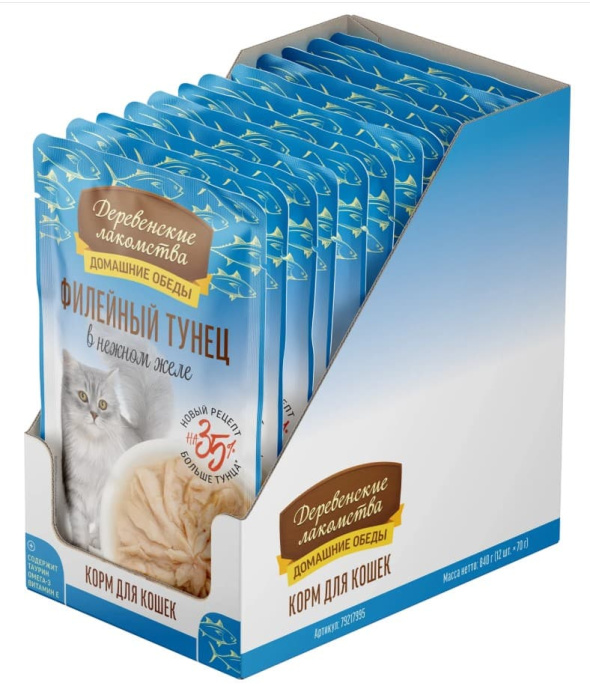Влажный корм для кошек Деревенские лакомства Филейный тунец в нежном желе (70 гр.)