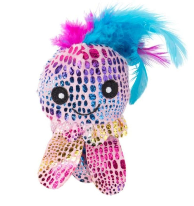 Игрушка для кошек Mr.Kranch Осьминожка плюшевая, с кошачьей мятой и перышками розовая (6,5 см)