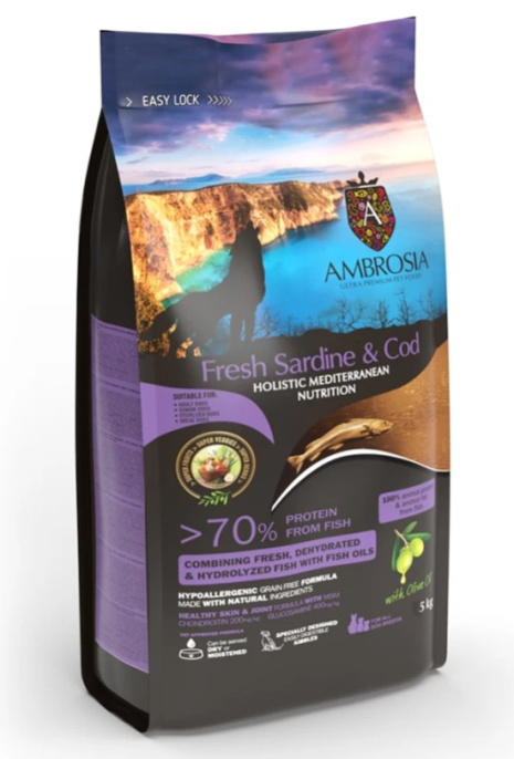 Сухой корм для взрослых собак AMBROSIA MEDITERRANEAN (сардина, треска) (1,5 кг)