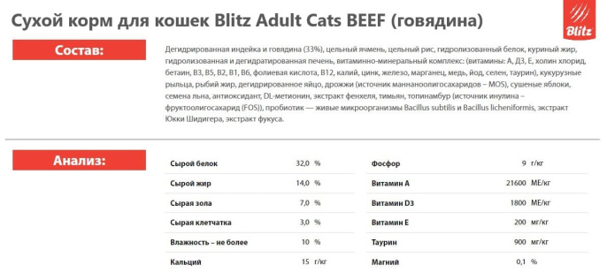 Сухой корм для кошек Blitz Sensitive Adult Cats All Breeds (говядина) (10 кг)