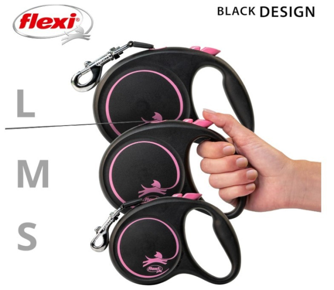 Поводок-рулетка Flexi BLACK DESIGN лента, розовый (S, 15кг/5м)
